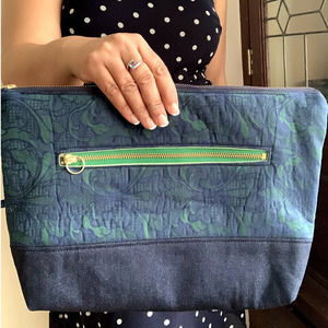 Handcrafted Royal Blue and Green Floral Cotton and Denim Clutch Purse